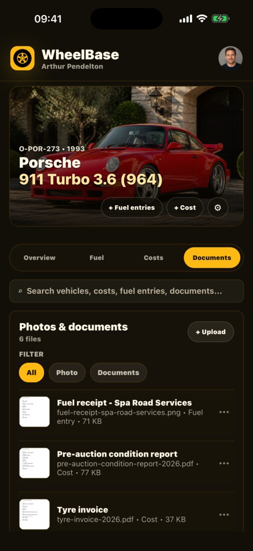 Photos and documents for a 1993 Porsche 911 Turbo, with receipts and invoices attached to their records.