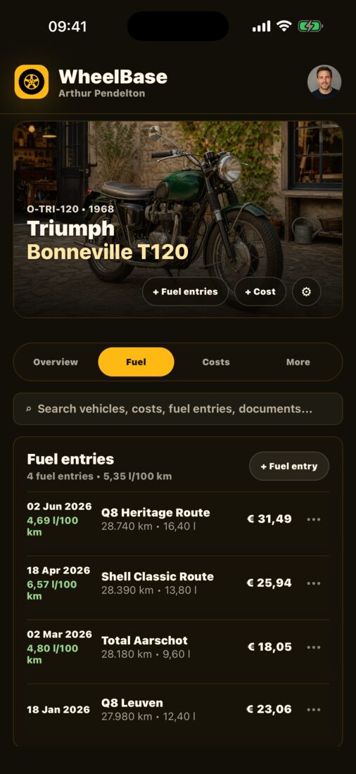 Fuel list for a 1968 Triumph Bonneville T120 showing fill-ups with dates, stations, litres and consumption.